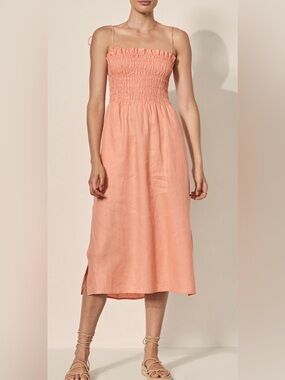 Kivari Magnolia Shirred Midi Dress Smocked Stretch Side Slits Pockets Tie Straps